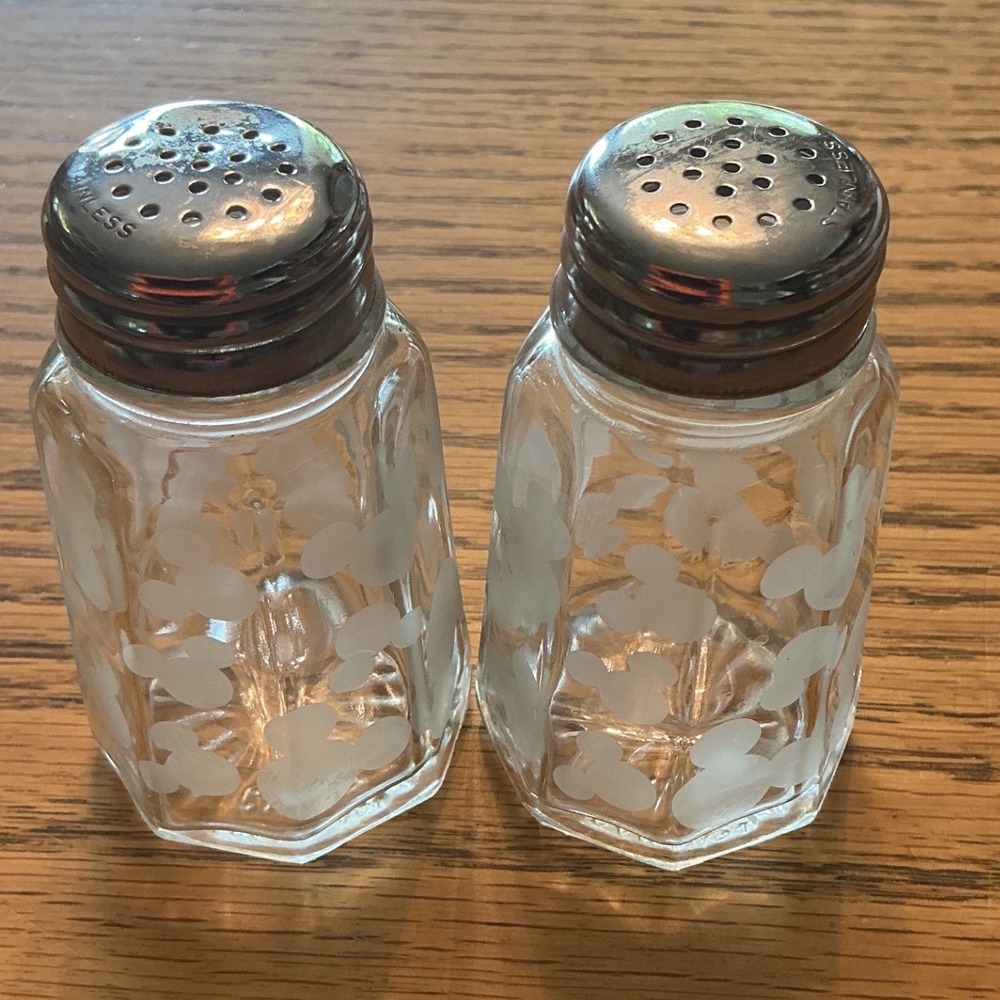 Disney Mickey Mouse Salt and Pepper Shakers Clear Hexagon Glass Stainless Lids